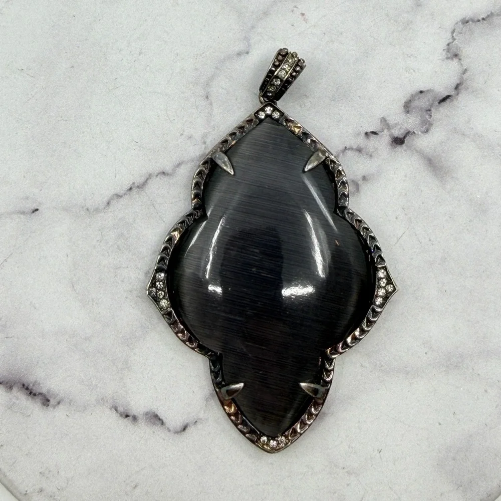Gray Cat Eye Glass Cabochon Silver Tone Rhinestone Gothic Pendant Statement